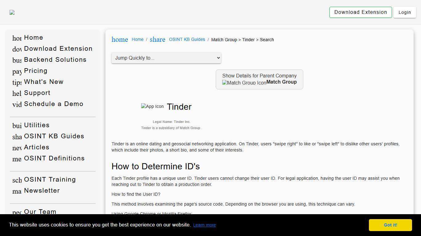 Forensic OSINT KB Article for Match Group > Tinder > Search